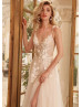 V Neck Beaded Lace Tulle Slit Wedding Dress